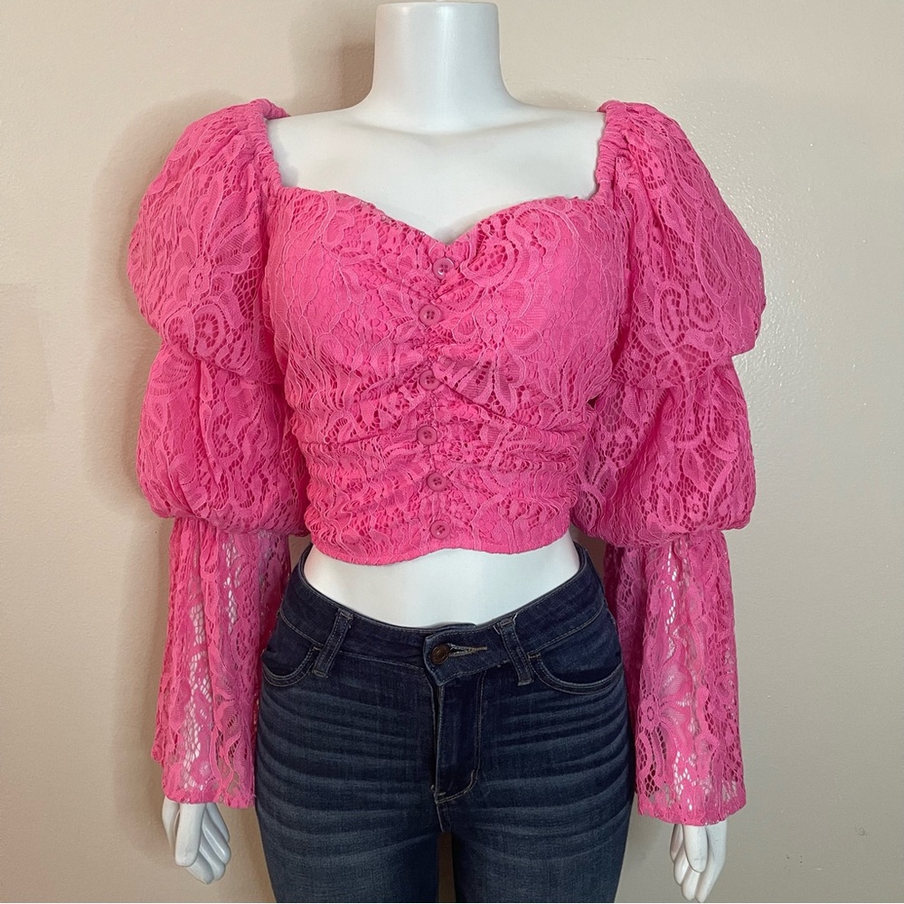 Pink lace sweetheart neckline Marie long sleeve ruched front crop top